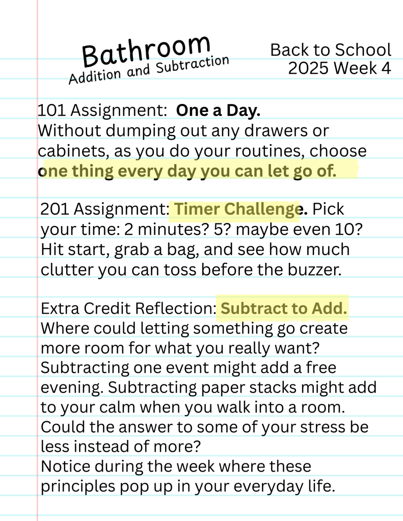 Weekly assignments typed on lined school paper