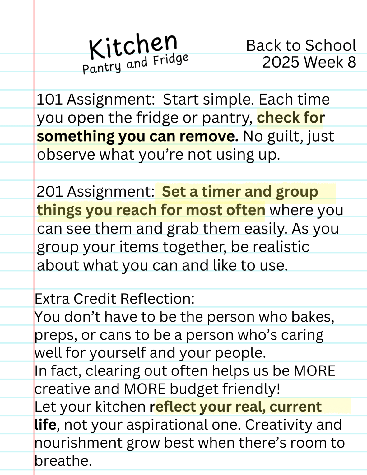 weekly assignment printed on notebook paper.